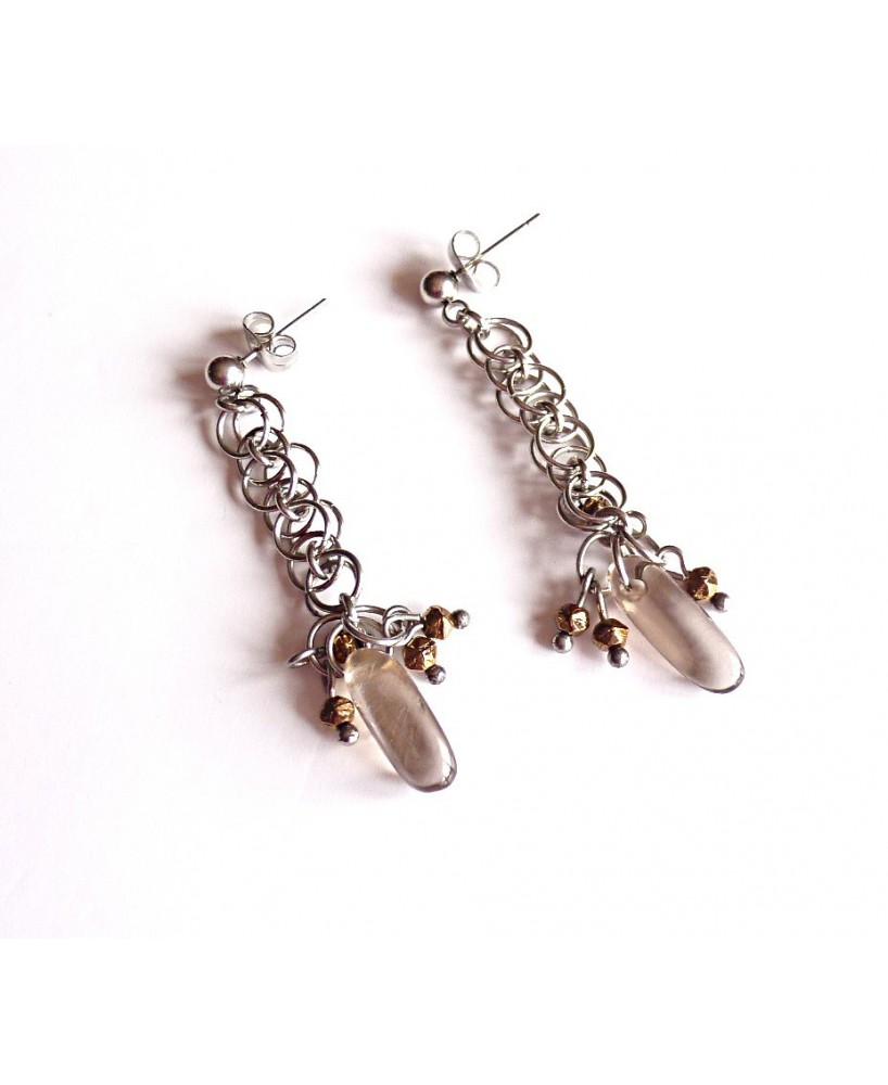 "Stalac" earrings with smoky quartz and bohemian beads