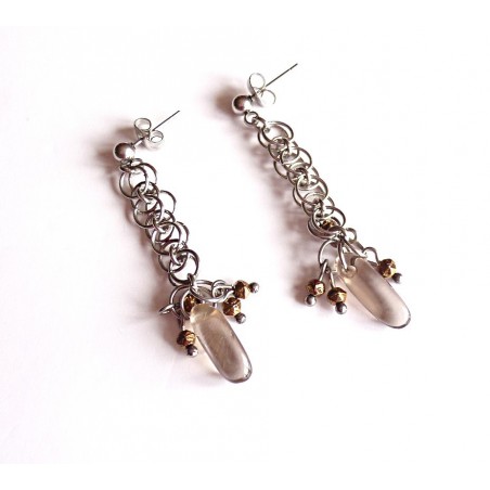 "Stalac" earrings with smoky quartz and bohemian beads